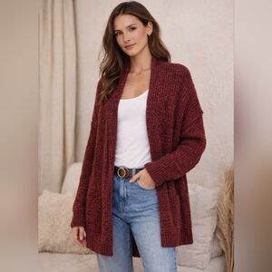 Free People Chunky Knit Cardigan — Deep Cranberry Marled Sz Medium NWOT